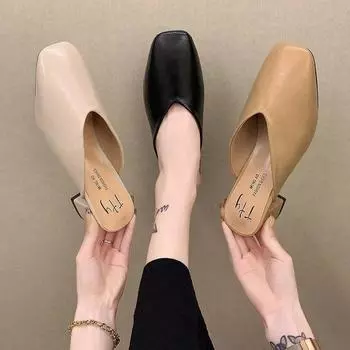 Модные туфли на высоком каблуке с квадратной головкой, шлепанцы, модные удобные туфли на толстом каблуке, с бантом, полудрагоценные женские туфли на среднем каблуке в стиле ретро, ленивые, для поездок на работу 35 бежевый