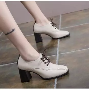 Модные туфли на высоком каблуке в британском стиле, осень 2024, новые женские туфли на толстом квадратном каблуке, женские туфли на шнуровке, неглубокий вырез, одинарные туфли Zapatos Mujer 34 бежевый