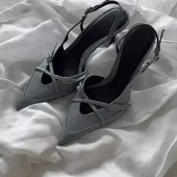 Модные туфли на высоком каблуке в ковбойском стиле с острым носком, женские летние темпераментные туфли с пряжкой One Word, модные сандалии Mujer Verano 2024 Zapatos Mujer 35 светло-синий