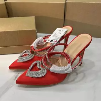 модные туфли на высоком каблуке женская обувь модные блестящие стразы сексуальные туфли с открытой пяткой туфли на шпильке элегантные свадебные туфли женские туфли-лодочки 37 красный