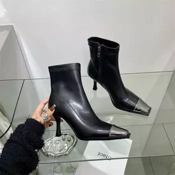 Модные туфли на высоком каблуке женские ботинки челси с квадратным носком, сексуальные туфли до щиколотки, дизайнерская женская обувь 2024 года, новый стиль, модные женские туфли для ходьбы 35