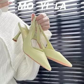 модные туфли на высоком каблуке женские летние тонкие каблуки с юбкой заостренные носки маленькие свежие туфли для девочек фея леди сандалии с пучком на голове полые однострочные сандалии 35 бежевый