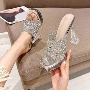 Модные туфли на высоком каблуке, женские тапочки с квадратным носком, домашние тапочки на платформе, женские низкие джинсовые тапочки 2024 года из искусственной кожи, хлопчатобумажной ткани, римские резиновые копыта 34 золотой