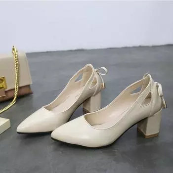 Модные туфли на высоком каблуке женские туфли 2024 года, новые женские туфли с бантом, с острым носком, с неглубоким вырезом, одинарные туфли женские, средний каблук, модная обувь 43 34