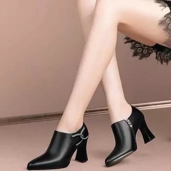 модные туфли на высоком каблуке, женские туфли с острым носком и молнией сбоку, женские туфли из мягкой кожи во французском стиле 34 чёрный