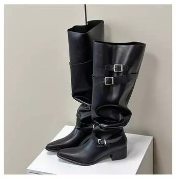 модные туфли на высоком каблуке женские высокие сапоги модные кожаные туфли с острым носком зима 2025 тренд абсолютно новый готический челси вечеринка толстые ботинки женские 35 чёрный