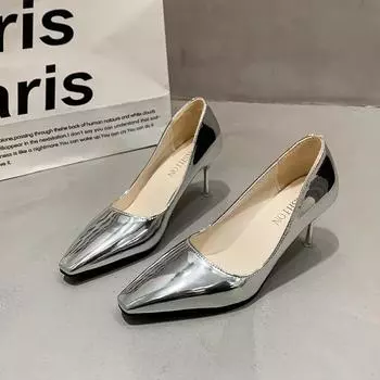 Модные туфли на высоком тонком каблуке, туфли-лодочки для офиса и карьеры, женские туфли без застежек, горячая распродажа весна/осень 2024 года, металлические украшения, однотонные туфли-лодочки 35 золотой