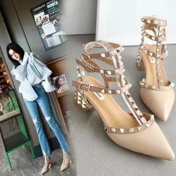 Модные туфли на заклепках с острым носком для свадебной вечеринки, женские туфли с пряжками и Т-образным ремешком на высоком каблуке, женские босоножки на высоком каблуке в римском стиле с лакированной кожей и заклепками 34 красный