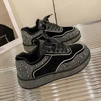 Модные туфли-одиночки со стразами для женщин 2025 года, весна-осень, новые модные туфли на платформе со шнуровкой, обувь для иностранных торговцев 35 чёрный