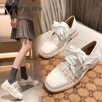 Модные туфли-оксфорды со шнуровкой и резинкой, женские, клетчатые, на плоской подошве, с квадратным носком, осенне-зимние, студенческие, маленькие кожаные туфли, женские, большого размера 4.5