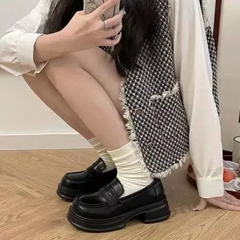 Модные туфли с круглым носком и толстой подошвой, женские черные кожаные туфли в студенческом стиле, универсальные мокасины 35