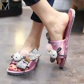 Модные туфли с медвежьей лентой и мехом женские розовые помпоны домашние тапочки шлепанцы с бабочкой жемчужные туфли летние 5 серебряный