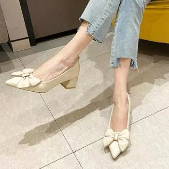 Модные туфли с острым бантом для женщин, лето 2024, новые французские туфли на толстом каблуке с ароматом ветра, маленькие кожаные туфли 34 чёрный