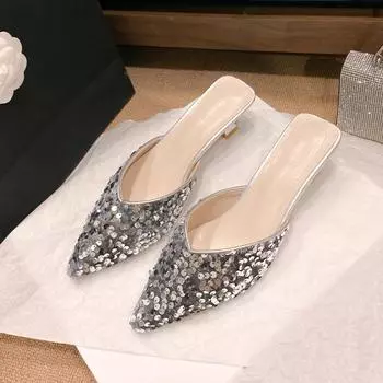 Модные туфли с острым носком 2024 года, женские туфли на среднем каблуке, сексуальные босоножки на низком каблуке, новые элегантные туфли на шпильке для женщин 38 чёрный