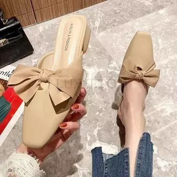 Модные туфли с острым носком Butterfly-Knot женские тапочки для улицы Med Pantofle на каблуке мюли мокасины шлепанцы на плоской подошве с высоким покрытием PU резина 34 абрикосовый