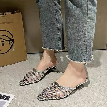 Модные туфли с острым носком, женские туфли на среднем каблуке, туфли-мюли с открытой пяткой, модные летние шлепанцы 2024 года, дизайнерские трендовые женские шлепанцы 35 чёрный