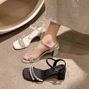 Модные туфли с открытым носком 2025 юбка со стразами босоножки женские толстый каблук с высоким каблуком, красивая летняя одежда 35