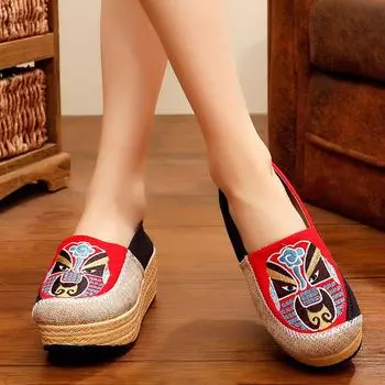 Модные туфли с вышитым лицом, женские, холст, 5 см, плоская платформа, винтажные, ручной работы, льняные, хлопковые, слипоны, женские, толстая подошва 34