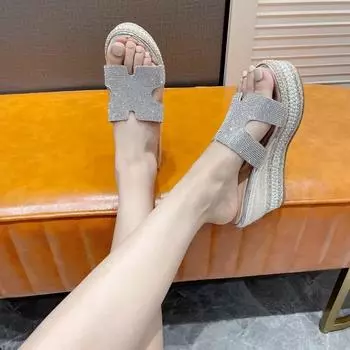 Модные туфли с жемчужной веревкой на каблуке 10,5 см, на платформе 4 см, на танкетке в стиле пэчворк с голографическим узором, летние женские туфли в стиле Золушки 34 золотой