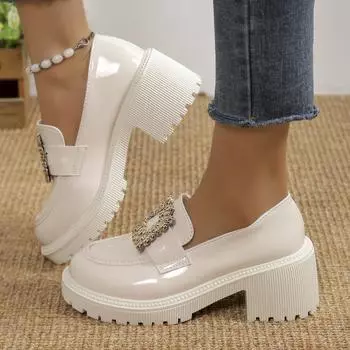 Модные туфли со стразами и квадратной пряжкой, женские туфли-лодочки 2024 года, черные туфли Мэри Джейн из лакированной кожи, модные женские туфли-лоферы без застежек 35 чёрный