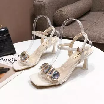 Модные туфли со стразами и пряжкой в одну линию. Новые летние босоножки с квадратным носком и открытым носком на высоком каблуке-шпильке 34 грязно-белый