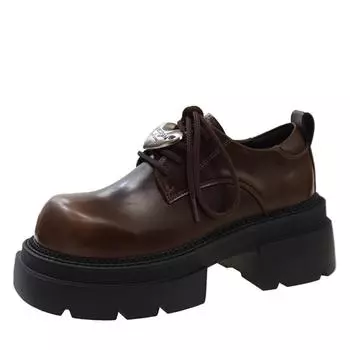 Модные туфли в ретро-британском стиле на толстом каблуке с толстой подошвой, увеличивающие рост, женские туфли 2024 года, осень, новая мода, повседневная кожаная обувь с кружевом 35 чёрный