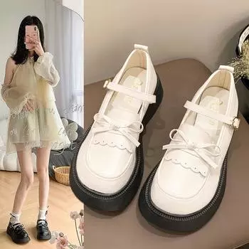 Модные туфли в стиле Лолита с круглым носком и толстой подошвой для девочек Милые милые туфли Мэри Джейн Kawaii Lace Butterfly-knot Простые туфли для женщин Повседневные мокасины 35 бежевый