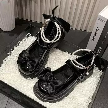 Модные туфли в стиле «лолита» с милым бантом на платформе, женские роскошные туфли Мэри Джейн с пряжкой на щиколотке и жемчугом, женские туфли в академическом стиле Kawaii, обувь для косплея JK 35 бежевый