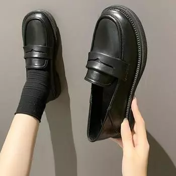 Модные туфли в стиле Лолиты с большим круглым носком, женские кожаные туфли, нескользящие, удобные, дерби, лакированные кожаные мокасины для женщин 35 чёрный