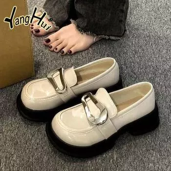 Модные туфли в стиле ретро с толстой подошвой и увеличенным каблуком для женщин 2024 года, модные повседневные простые универсальные туфли-лодочки Mary Janes однотонного цвета, лето 35