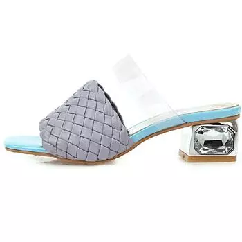 Модные удобные летние сандалии женские мюли обувь на открытом воздухе роскошные хрустальные шлепанцы на низком каблуке повседневные вязаные пляжные женские тапочки большого размера 34 бежевый