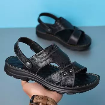 Модные удобные мужские сандалии, однотонные мужские кожаные сандалии с открытым носком, новинка 2024 года, пляжные тапочки для мужской кожаной обуви 38 чёрный
