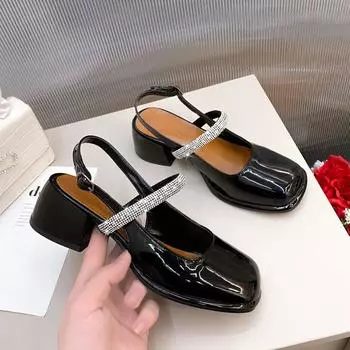 Модные удобные туфли на блочном каблуке для женщин с пряжкой 2024 года, летние босоножки на каблуке бежевого цвета с круглым носком, массивные кожаные открытые закрытые низкие черные 35 чёрный
