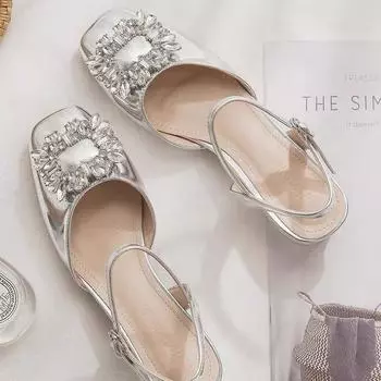 модные удобные женские босоножки на толстом каблуке Mary Jane бежевого цвета на высоком каблуке 2024 года, новые толстые босоножки в стиле ретро для девочек, низкие модные стразы 35 серебряный