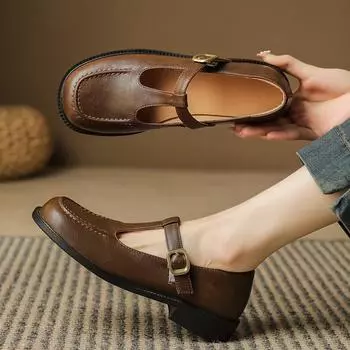 Модные удобные женские туфли-лоферы на плоской подошве из натуральной кожи, большой размер 45, повседневные туфли-оксфорды с Т-образными ремешками черного и коричневого цвета для девочек 34 чёрный
