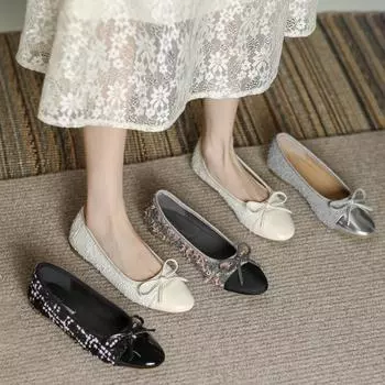 Модные удобные женские туфли Xiaoxiangfeng Ballet Flat Bottom Casual Single Shoes Women s 2024 New Lambskin Round Head Splice Bow 34 бежевый