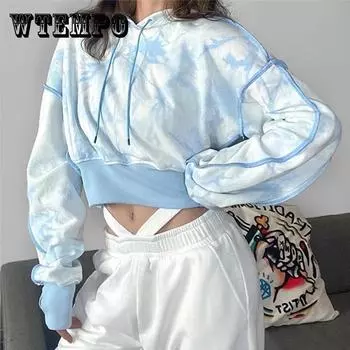 Модные укороченные толстовки Tie Dye, уличная одежда, пуловеры в стиле хип-хоп, толстовки на весну и осень, повседневные свободные спортивные рубашки с капюшоном L синий