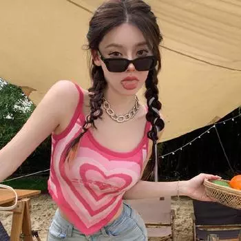 Модные укороченные топы на бретельках с банданой для женщин, универсальные топы без рукавов, асимметричные топы на бретельках Love Heart розовый