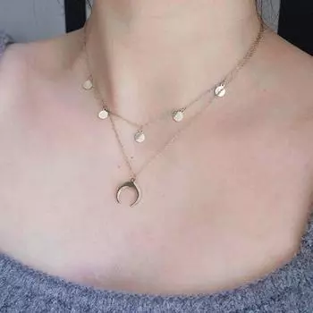 Модные украшения для женщин, двухслойное ожерелье, лунная круглая чешуйка, геометрический кулон, воротник, колье, шейная цепочка, корейская цепочка, ожерелье серебряный