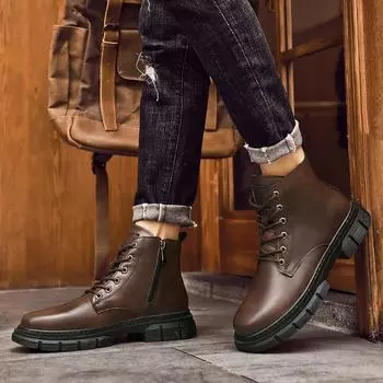 Модные уличные ботинки из натуральной кожи, мужские весенние высокие повседневные туфли для мужчин, трендовые туфли на плоской подошве с застежкой-молнией, зимние меховые ковбойские ботильоны на шнуровке 38 коричневый