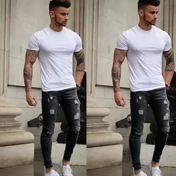 Модные уличные джинсы скинни, мужские винтажные однотонные джинсовые брюки, мужские повседневные тонкие джинсовые брюки-карандаш S чёрный