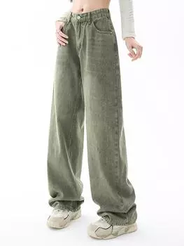 Модные уличные джинсы Y2k, женские джинсы с высокой талией, элегантные свободные прямые широкие брюки 90-х годов, женские повседневные мешковатые брюки в стиле ретро 2000-х годов, новинка S зелёный