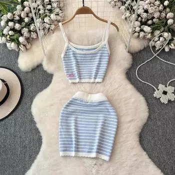Модные уличные милые трикотажные комплекты, женские эстетические костюмы в полоску с ремешком в консервативном стиле, женские кавайные сексуальные лоскутные юбки, комплект S синий