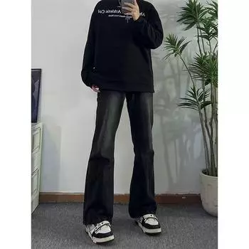 Модные уличные мужские джинсы прямого кроя в стиле хип-хоп, свободные покройные повседневные брюки, спортивные брюки для улицы S чёрный