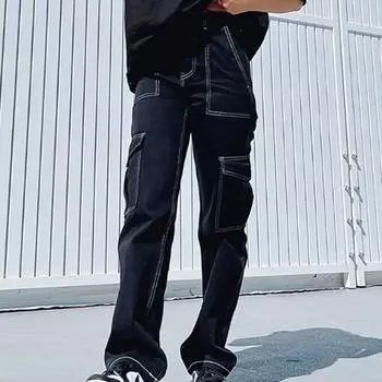 Модные уличные облегающие повседневные джинсы женские с высокой талией свободные широкие джинсовые брюки женские винтажные однотонные офисные женские прямые джинсы 24904 S чёрный