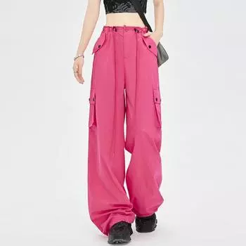 Модные уличные повседневные широкие брюки с высокой талией для женщин, весна-лето, новые однотонные мешковатые брюки-карго со шнурком, женские простые офисные женские брюки 25712 S серый
