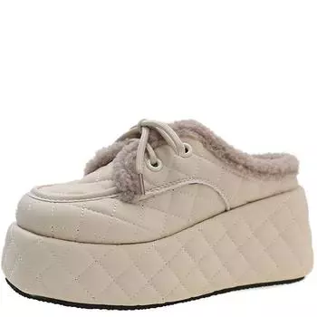 Модные уличные тапочки для женщин, зимние, новый стиль, толстая подошва, внутренняя высота, танкетка, носок из овечьей шерсти, полутапочки 35 бежевый