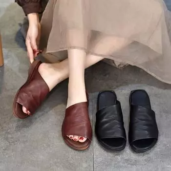 Модные уличные тапочки, женские шлепанцы из натуральной кожи в стиле ретро, универсальные туфли ручной работы на плоской подошве в стиле ретро с открытым носком 35 коричневый