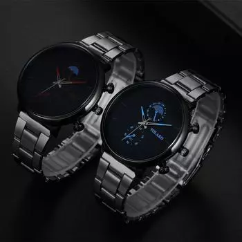 Модные унисекс часы YOLAKO Moon Fashion европейские и американские простые мужские часы со стальным ремешком кварцевые часы с двумя глазами для мужчин черный корпус новые цифровые