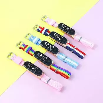 Модные унисекс нейлоновые веревки на день рождения, новые модные светодиодные электронные часы с сенсорным экраном, светодиодные часы, водонепроницаемые часы-браслет, радужный ремешок для часов, многоцветный